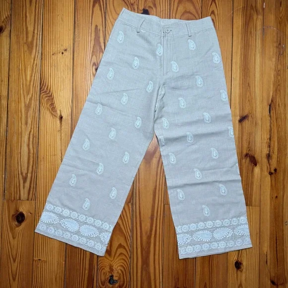 NWT Elie Tahari Linen Pants Womens Size 8 Tan Embroidered Paisley Boho Wide Leg - Picture 5 of 7